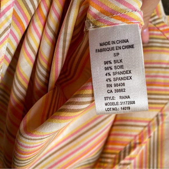 NWOT Theory 100% Silk Bias Cut Striped V Neck Tank Top in Coral, Pink, & White - Picture 7 of 7